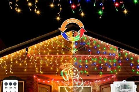 Christmas Icicle Lights Battery Operated, 102 LED Outdoor Icicle Lights Color Changing with Remote..